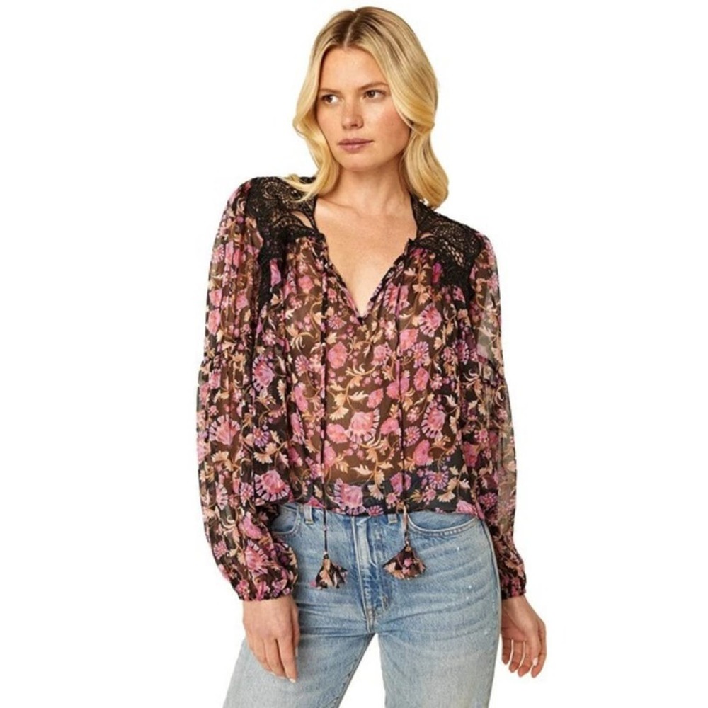Misa Los Angeles Rosie Top Womens Floral Boho Sheer Chiffon Chic Medium (b14)